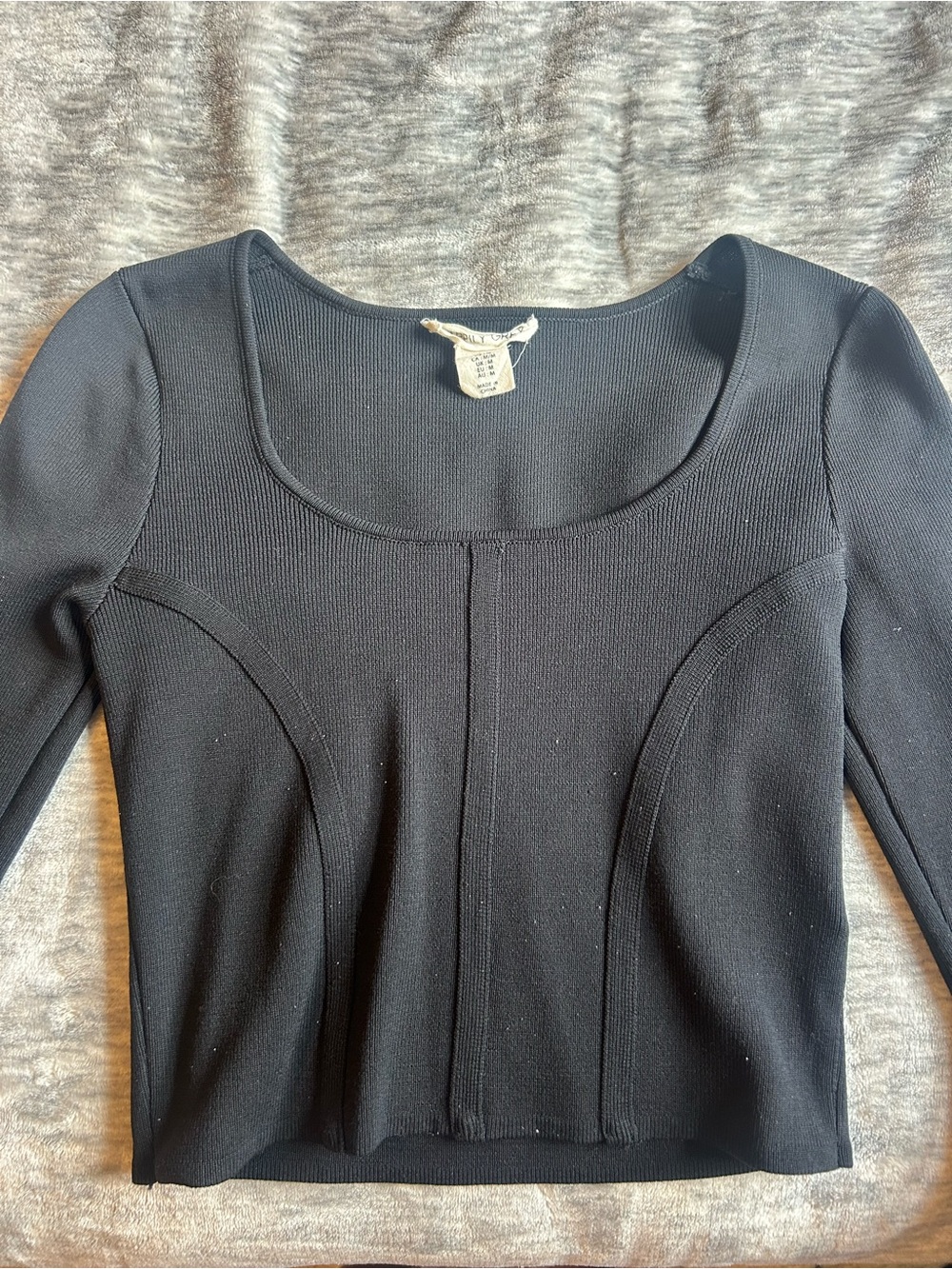 Black Ribbed Scoop Neck Long Sleeve Top